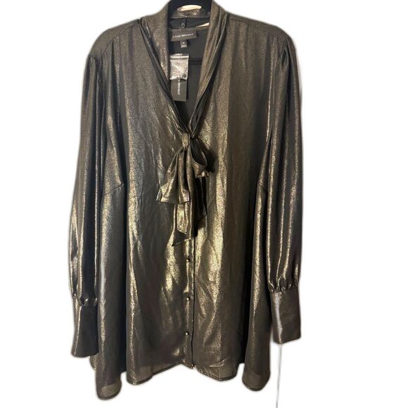 LANE BRYANT (NWT) Blouse Top Sz26 Black Metallic Button Up V-Neck Removable Tie - Picture 1 of 16